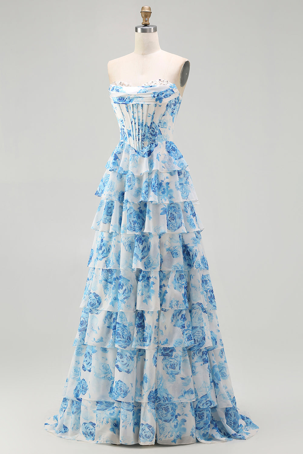 Floral White and Blue A-Line Strapless Corset Long Prom Dress