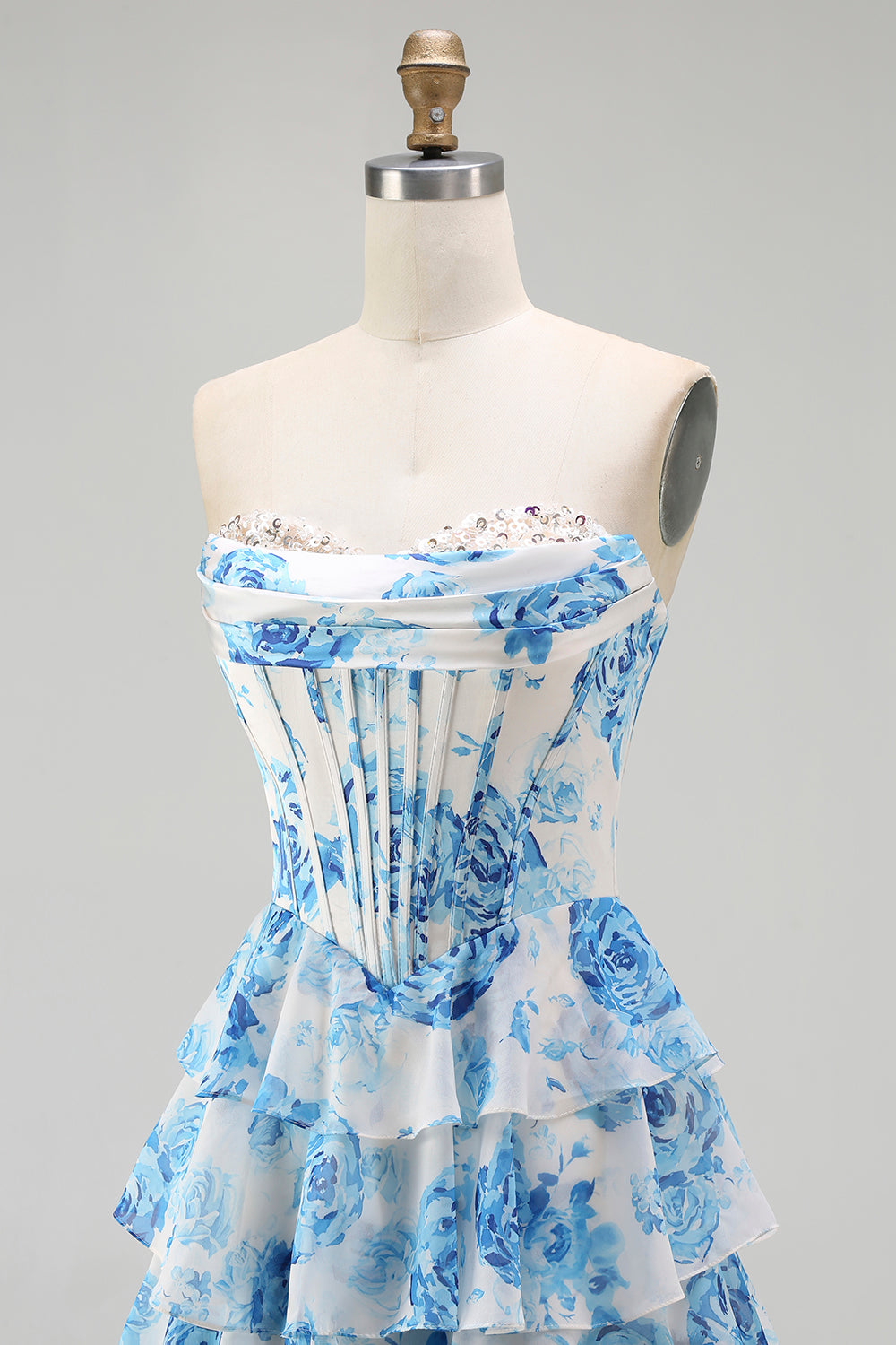 Floral White and Blue A-Line Strapless Corset Long Prom Dress