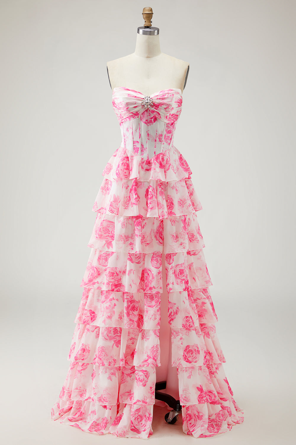 Floral White and Pink Tiered A-Line Long Corset Prom Dress with Slit