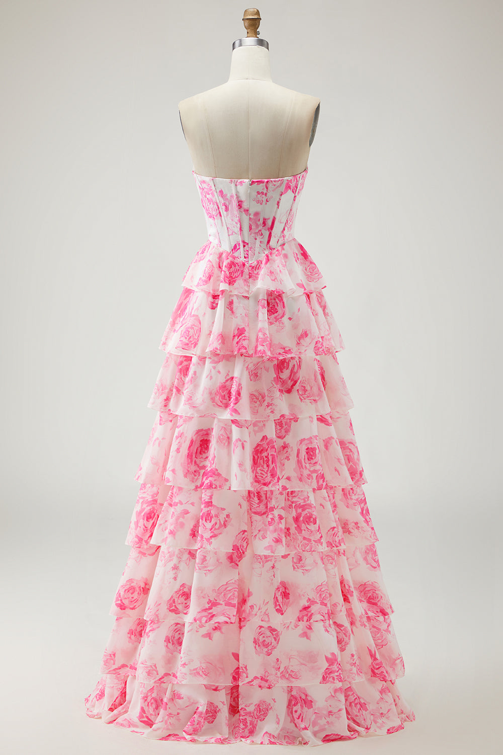 Floral White and Pink Tiered A-Line Long Corset Prom Dress with Slit