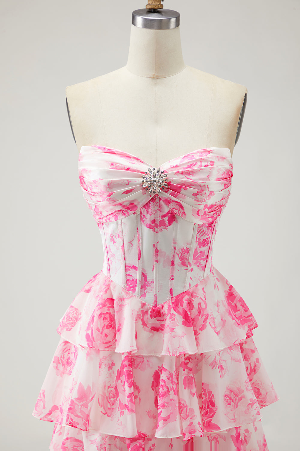 Floral White and Pink Tiered A-Line Long Corset Prom Dress with Slit