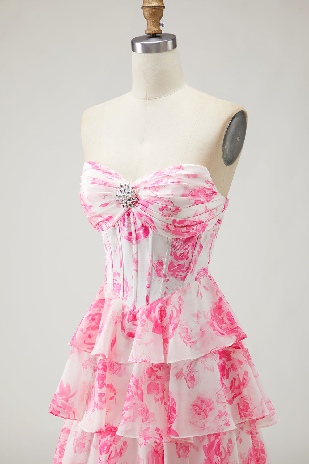 Floral White and Pink Tiered A-Line Long Corset Prom Dress with Slit