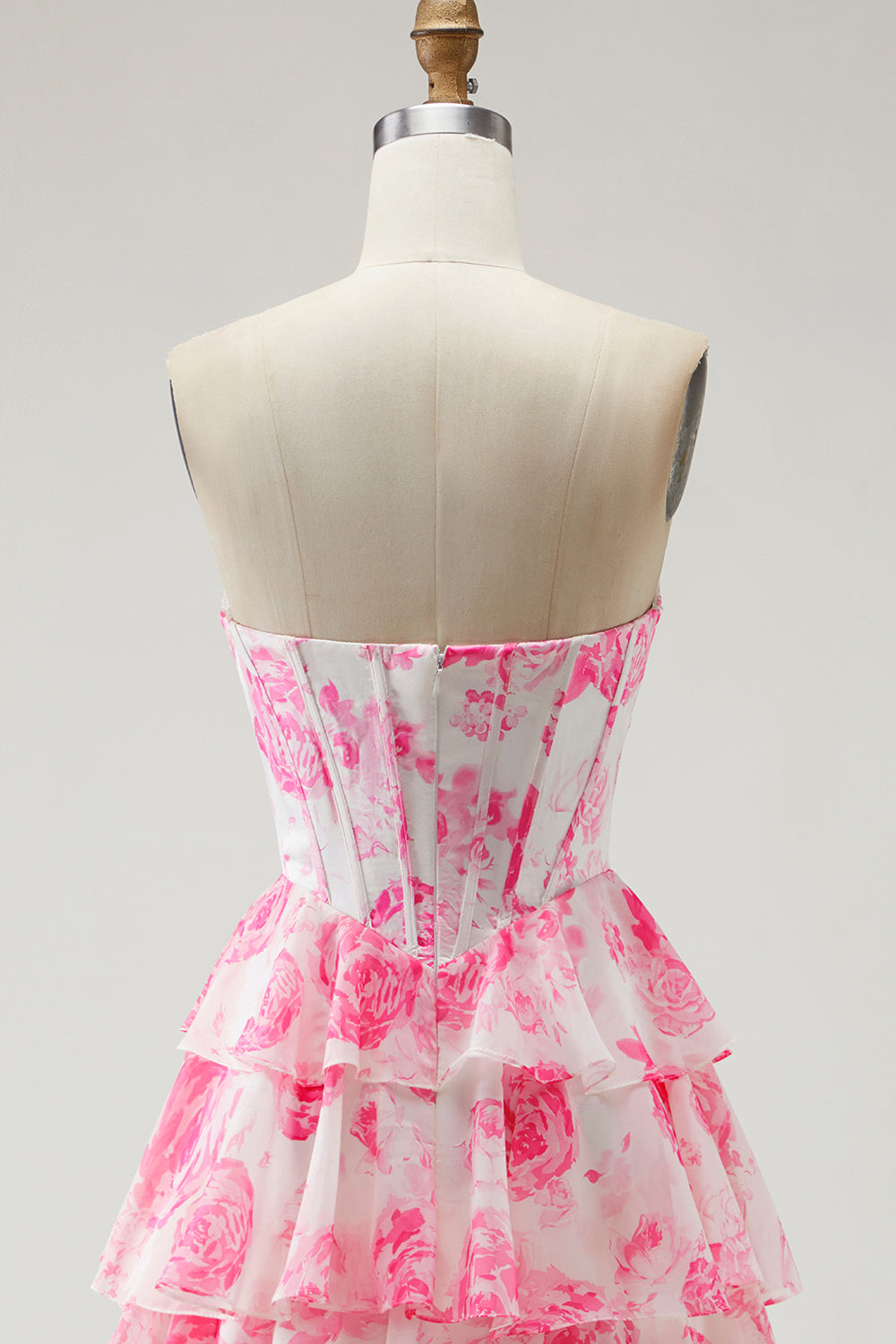 Floral White and Pink Tiered A-Line Long Corset Prom Dress with Slit