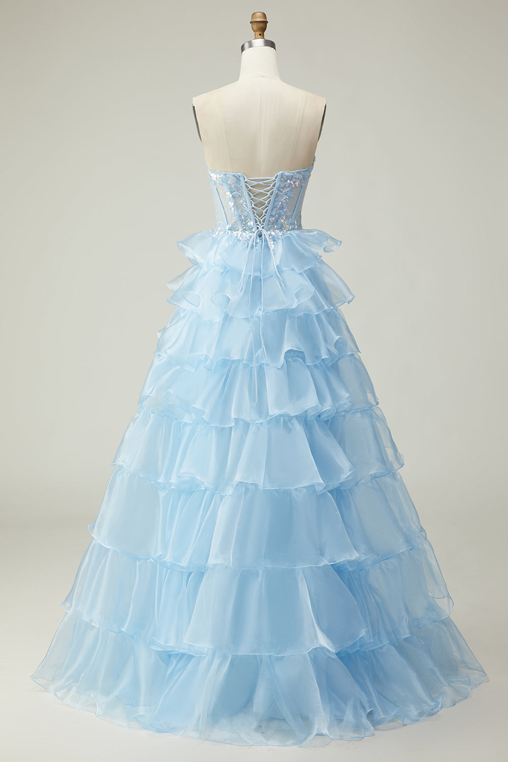 Sparkly Blue Strapless Ruffled Long Corset Prom Dress