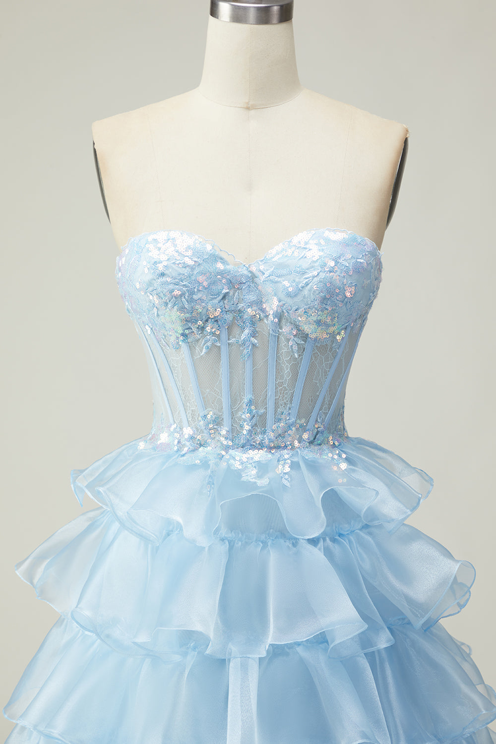 Sparkly Blue Strapless Ruffled Long Corset Prom Dress