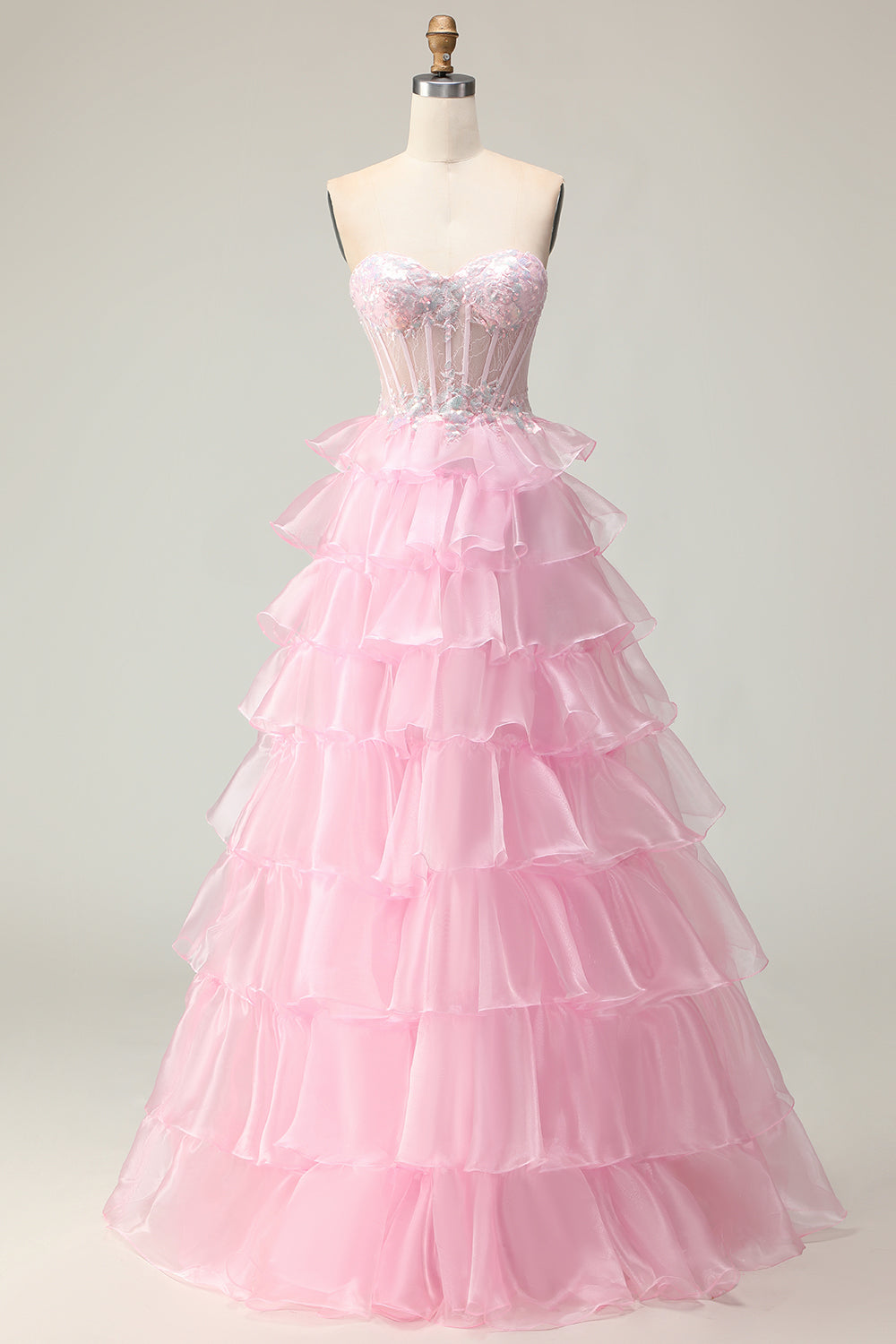 Sparkly Pink Ruffled Strapless Long Corset Prom Dress
