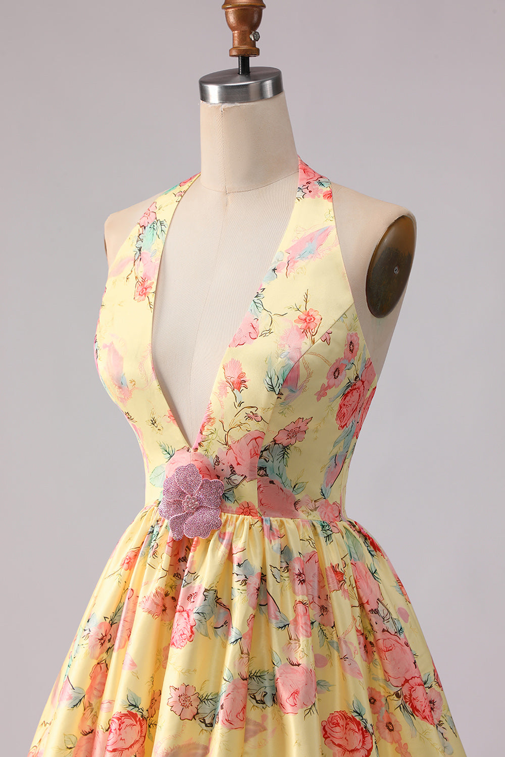 Floral Yellow and Pink A Line Halter Long Prom Dress with Slit