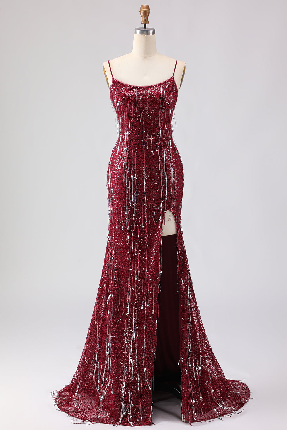 Sparkly Burgundy Sequins Mermaid Long Prom Dress with Slit