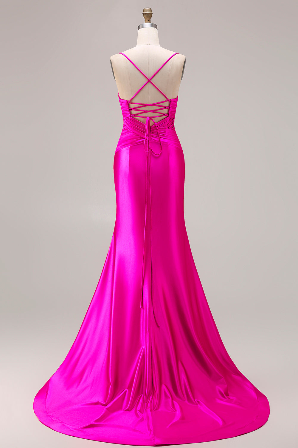 Elegant Fuchsia Mermaid Spaghetti Straps Long Satin Prom Dress with Slit
