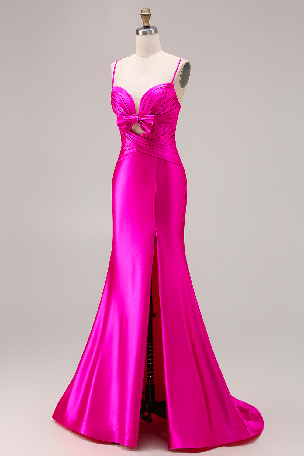 Elegant Fuchsia Mermaid Spaghetti Straps Long Satin Prom Dress with Slit