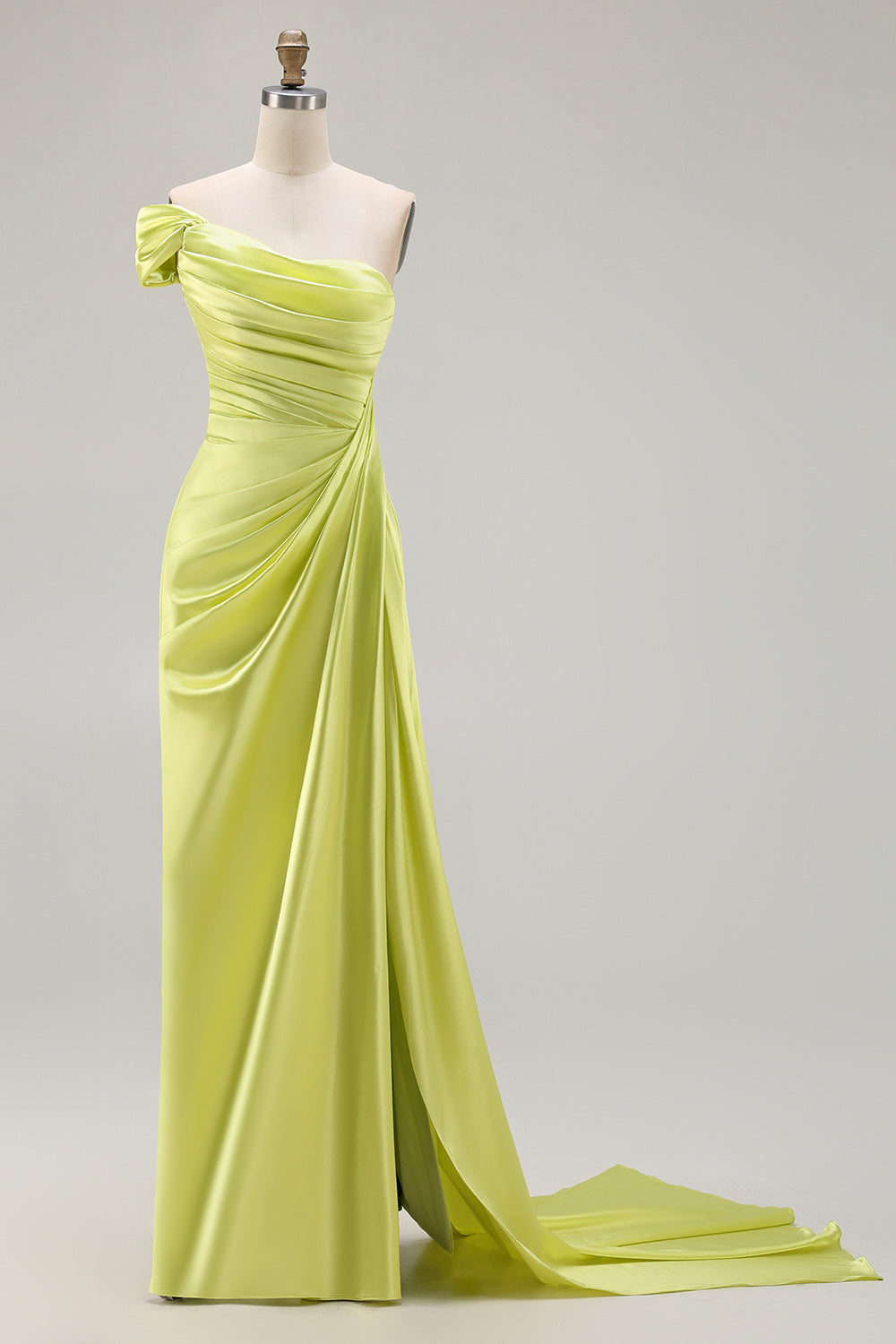 Green One Shoulder Long Sheath Prom Dress with Slit