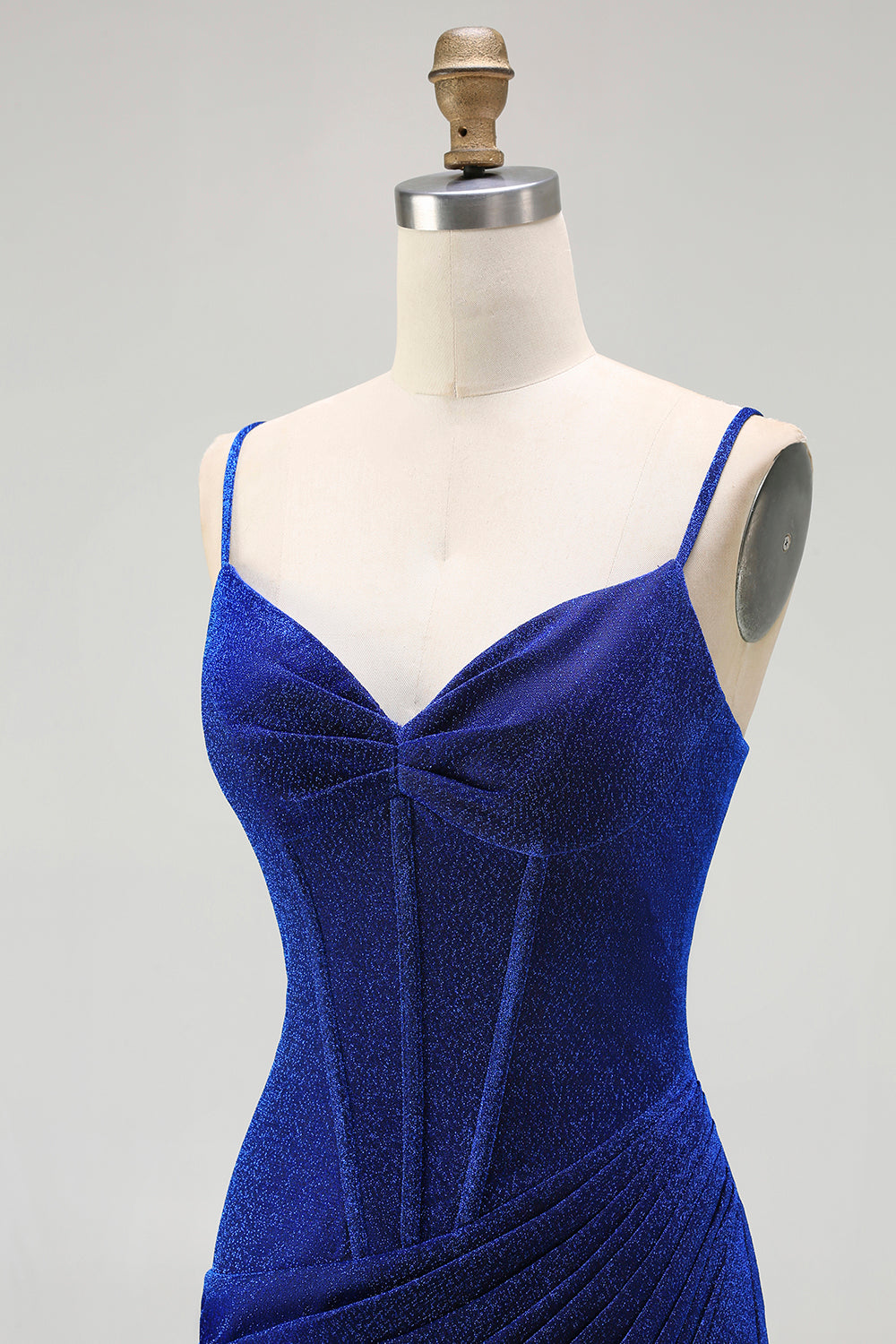 Royal Blue Corset Satin Spaghetti Straps Long Mermaid Prom Dress with Slit