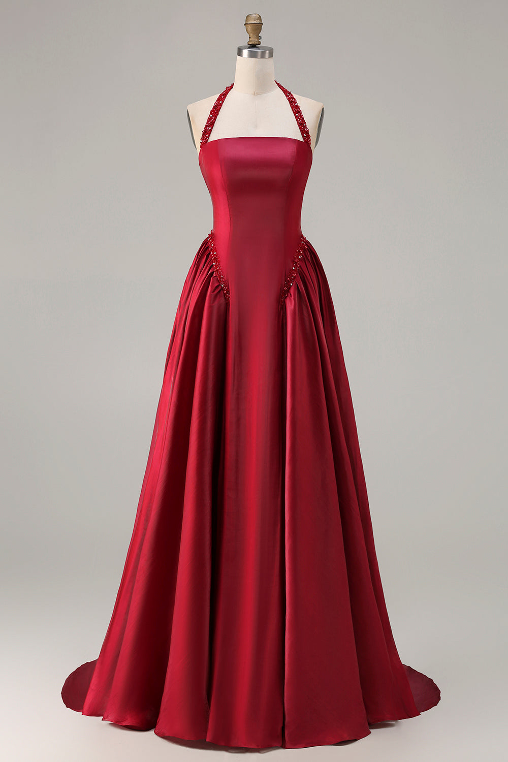 Unique Burgundy Satin A-Line Halter Long Prom Dress with Beading