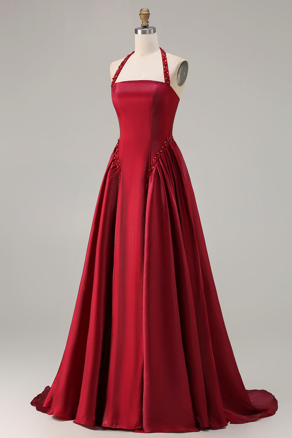 Unique Burgundy Satin A-Line Halter Long Prom Dress with Beading