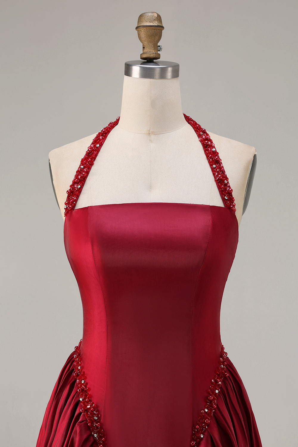 Unique Burgundy Satin A-Line Halter Long Prom Dress with Beading
