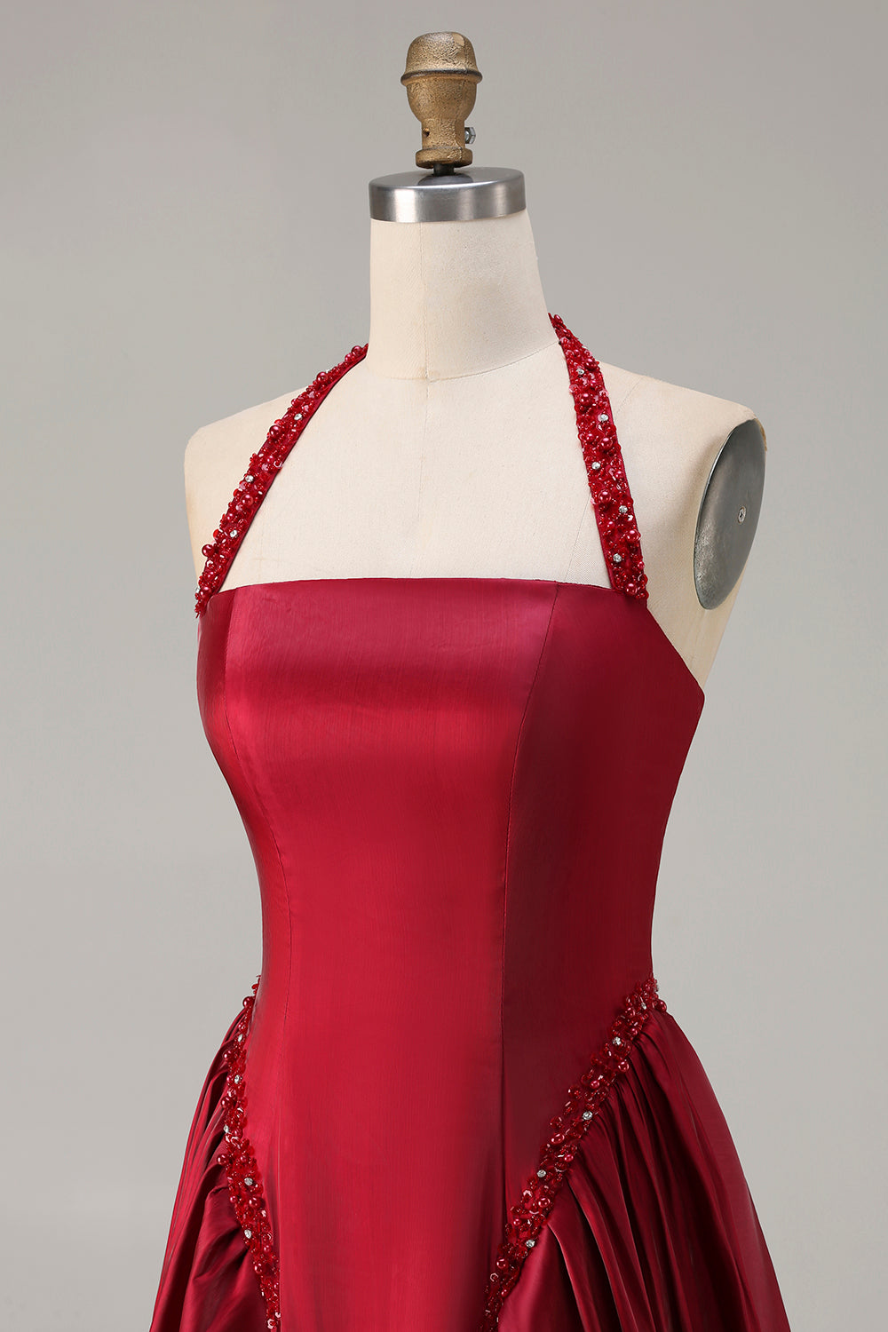 Unique Burgundy Satin A-Line Halter Long Prom Dress with Beading