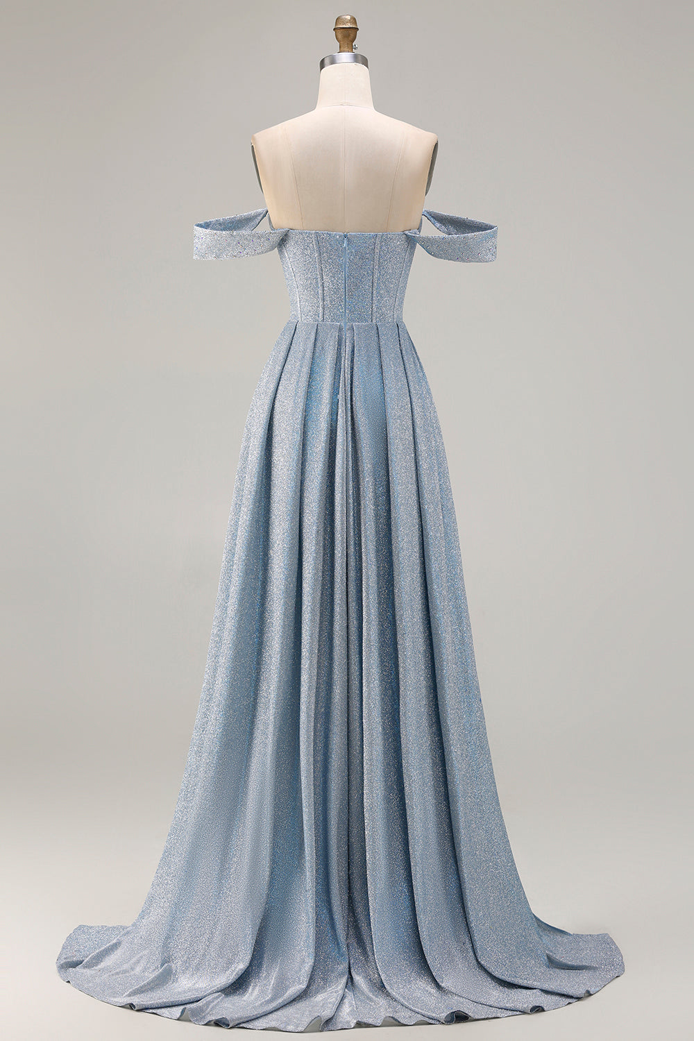 Dusty Blue Ruched Off the Shoulder Corset Long Prom Dress with Slit