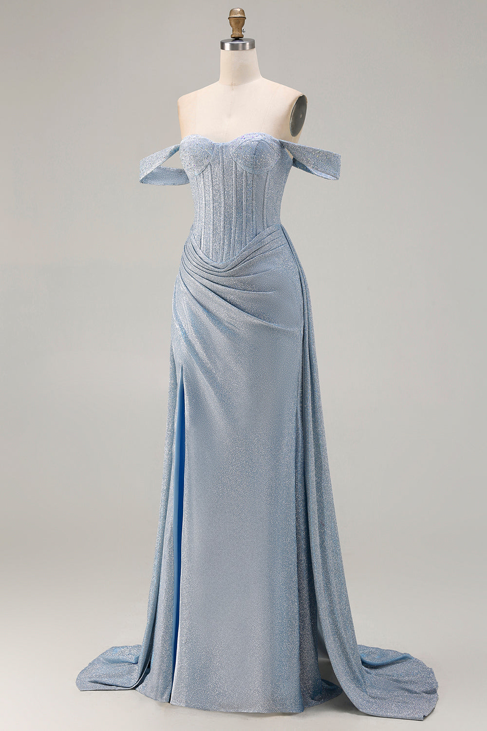 Dusty Blue Ruched Off the Shoulder Corset Long Prom Dress with Slit