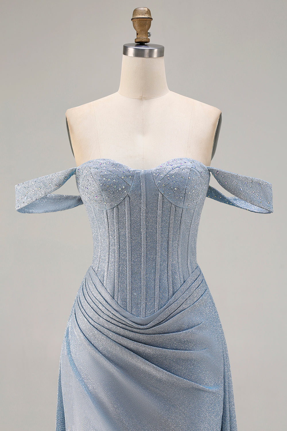 Dusty Blue Ruched Off the Shoulder Corset Long Prom Dress with Slit