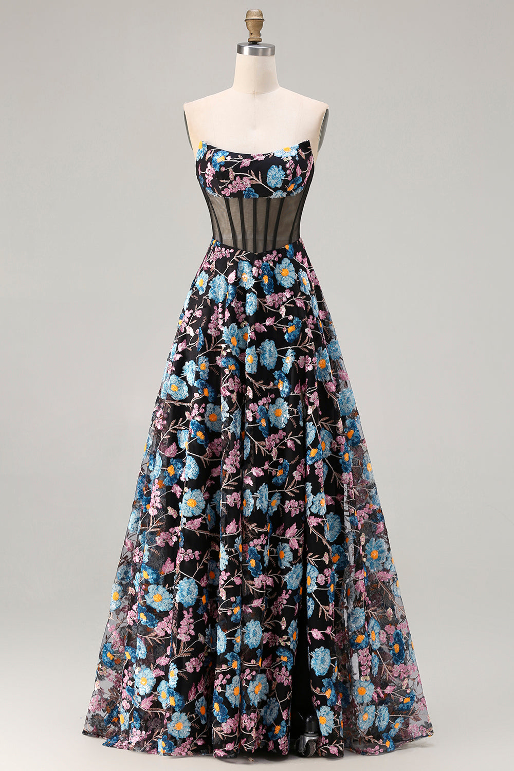Black Floral Strapless A-Line Corset Long Prom Dress