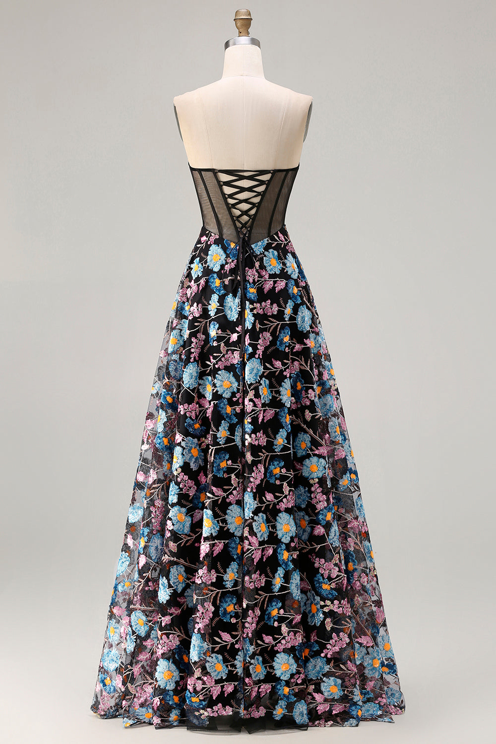 Black Floral Strapless A-Line Corset Long Prom Dress