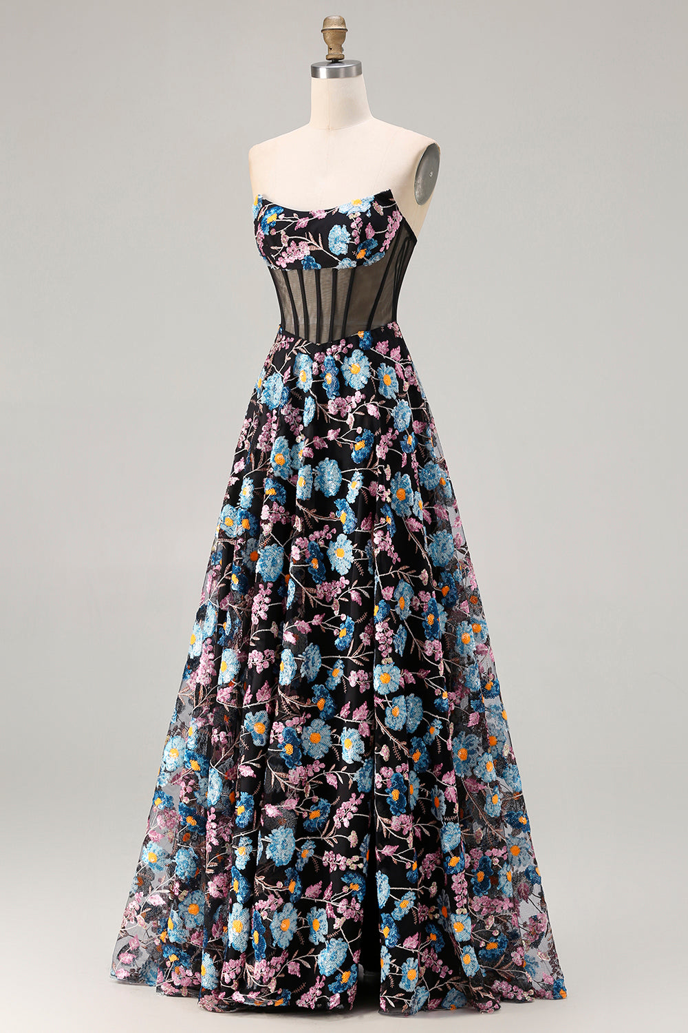 Black Floral Strapless A-Line Corset Long Prom Dress