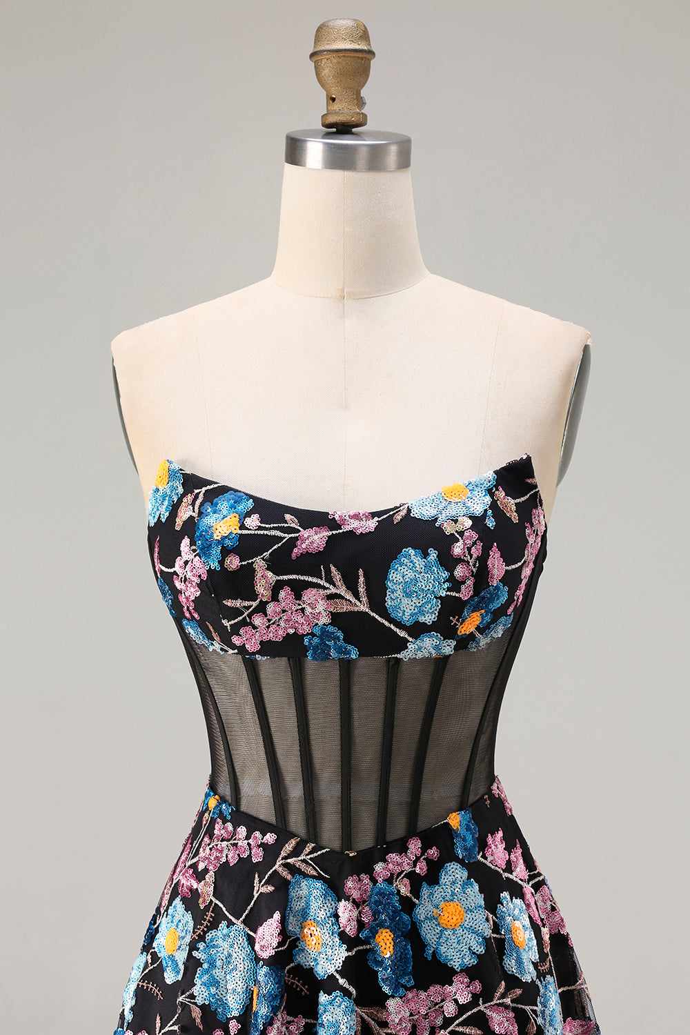Black Floral Strapless A-Line Corset Long Prom Dress