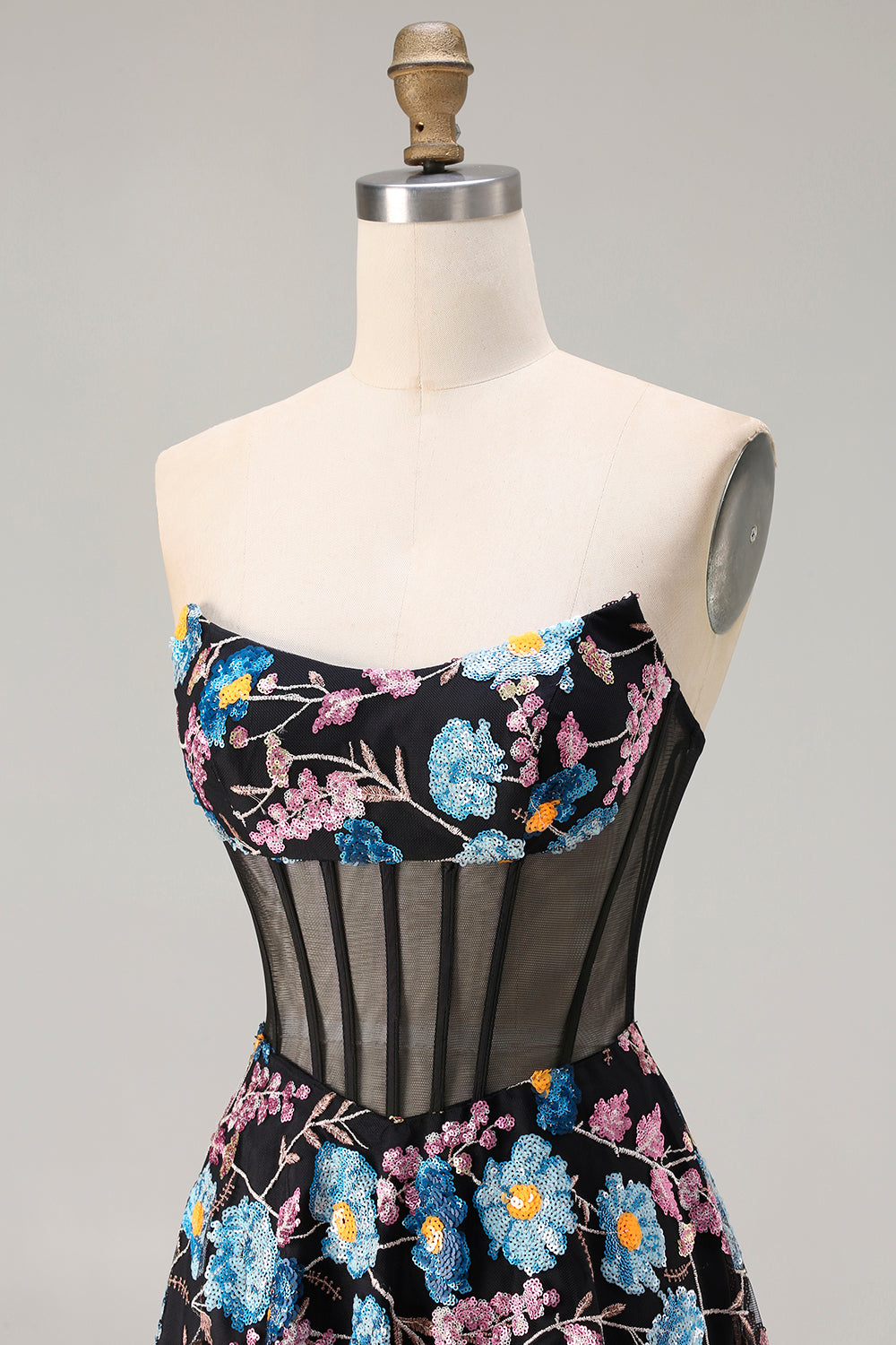 Black Floral Strapless A-Line Corset Long Prom Dress