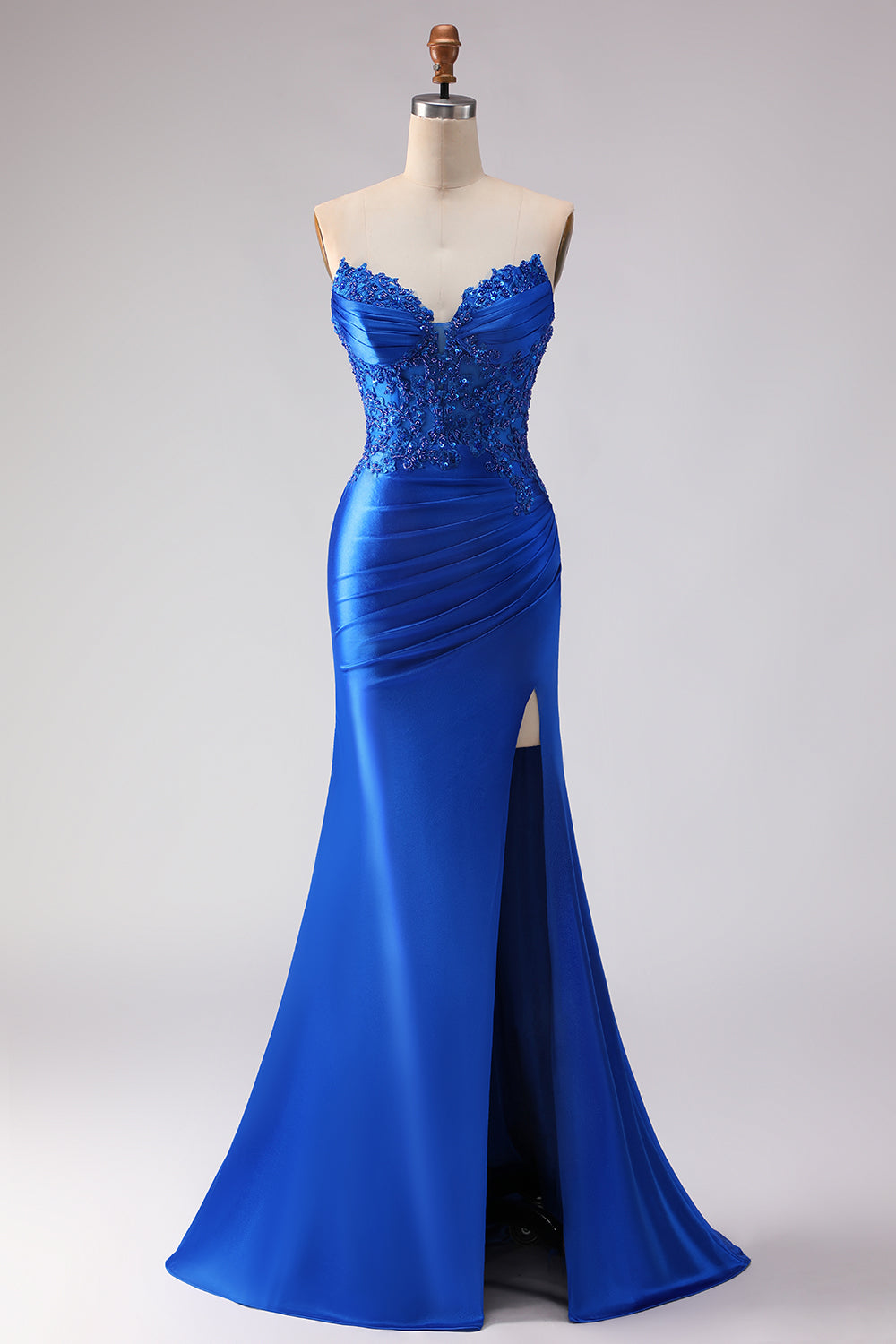 Royal Blue Beaded Mermaid Long Satin Prom Dress with Slit