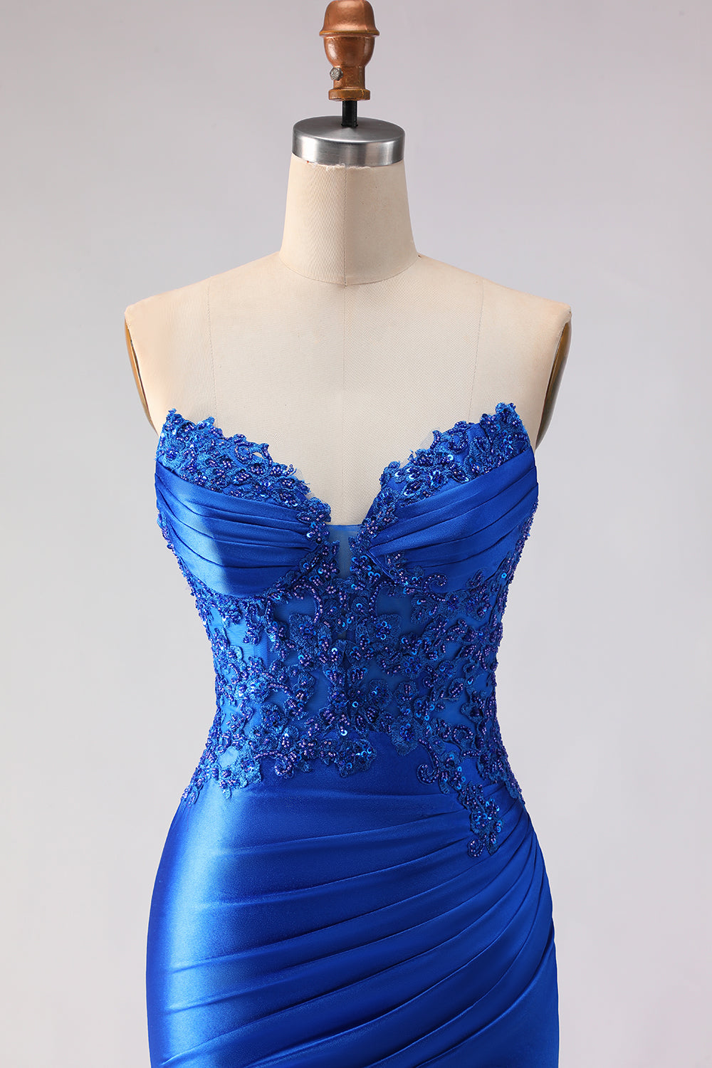 Royal Blue Beaded Mermaid Long Satin Prom Dress with Slit