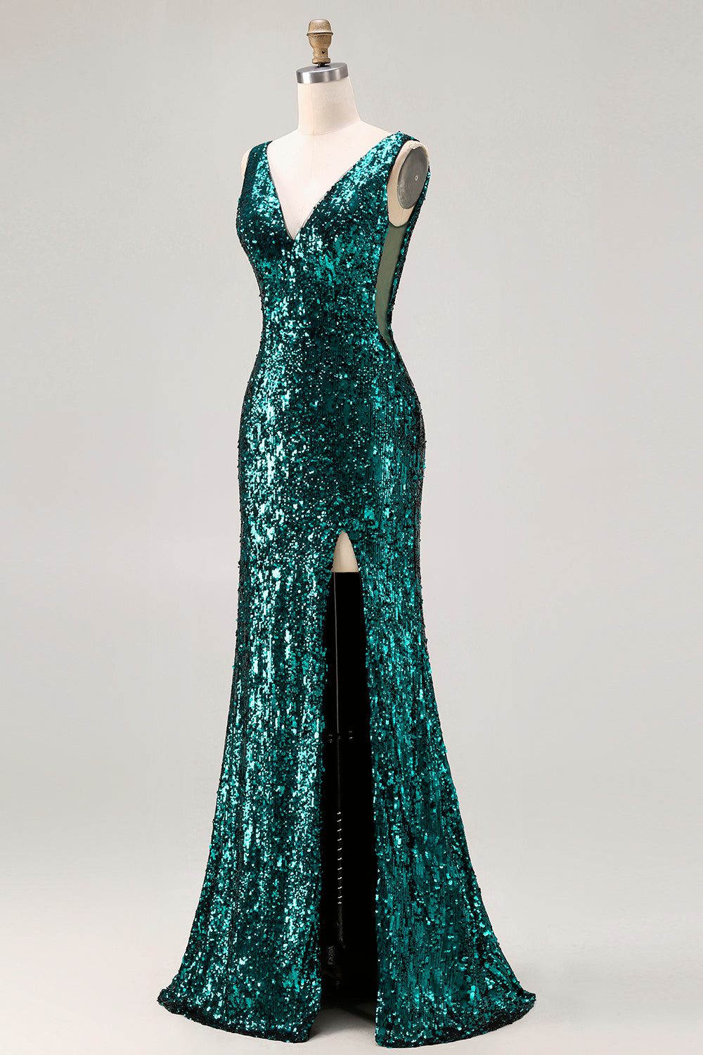 Sparkly Peacock Green V-Neck Sequin Long Prom Dress with Slit