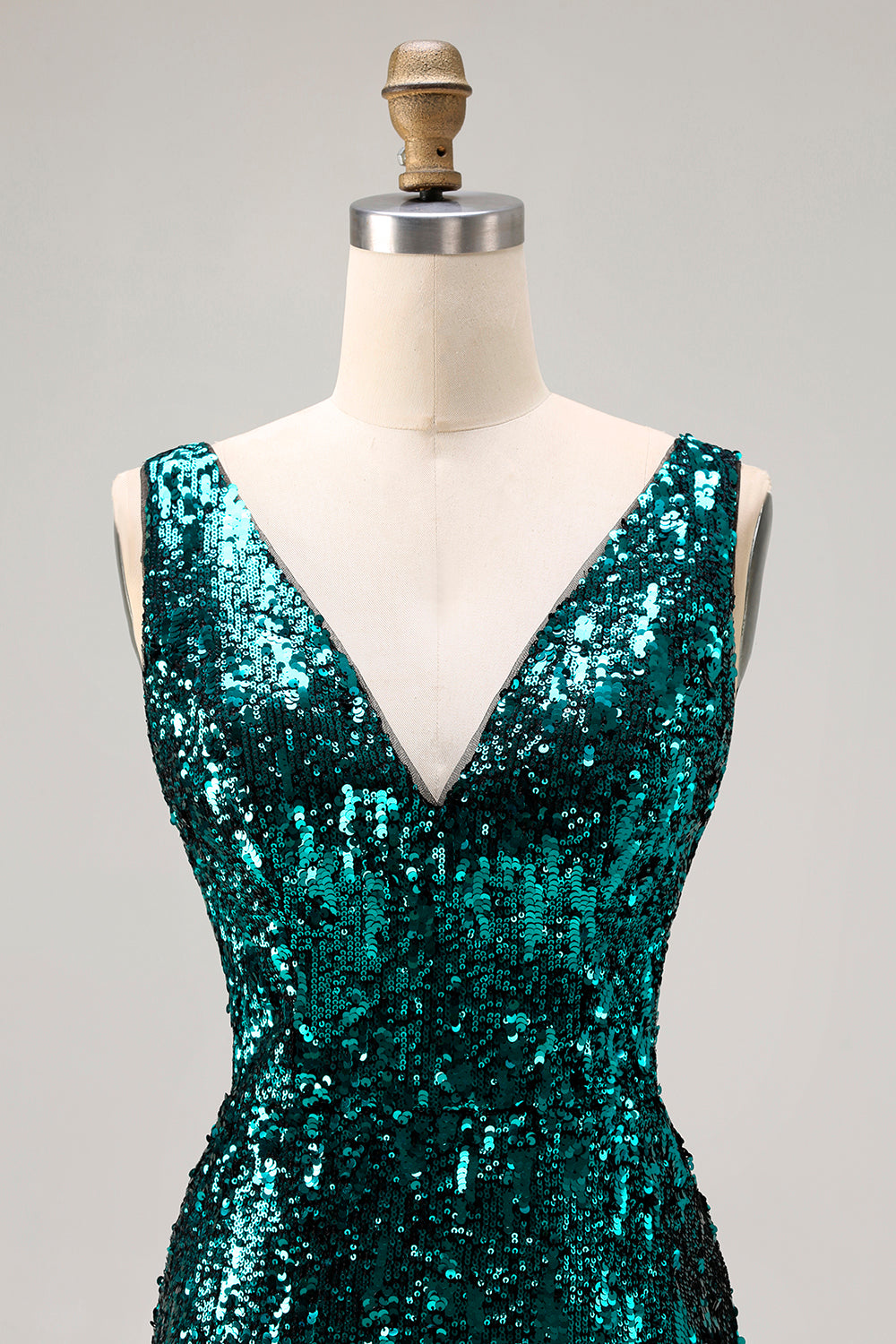 Sparkly Peacock Green V-Neck Sequin Long Prom Dress with Slit