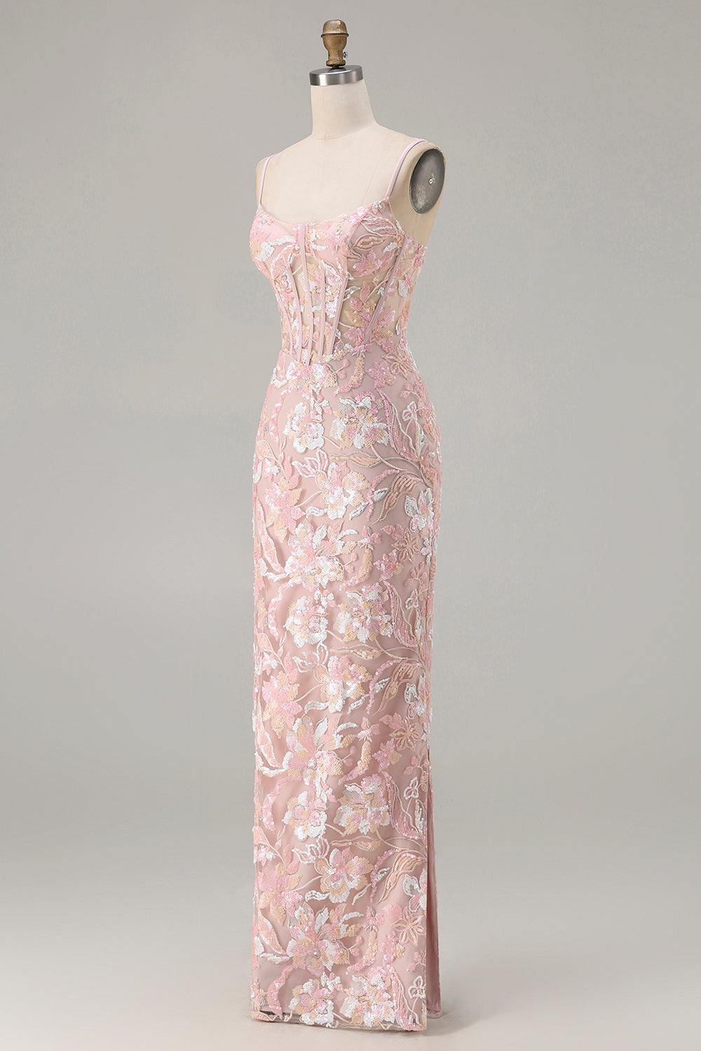 Sparkly Blush Pink Sequin Floral Sheath Long Corset Prom Dress