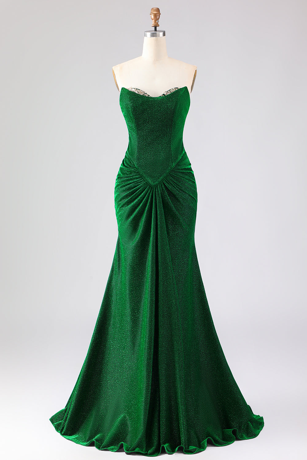 Sparkly Dark Green Mermaid Long Ruched Prom Dress with Rhinestone