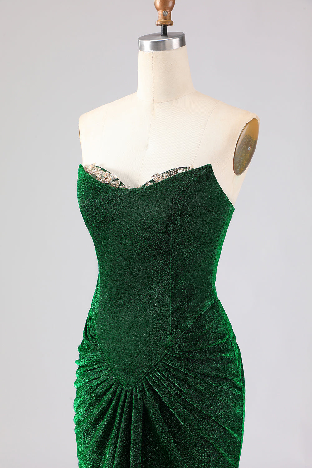Sparkly Dark Green Mermaid Long Ruched Prom Dress with Rhinestone