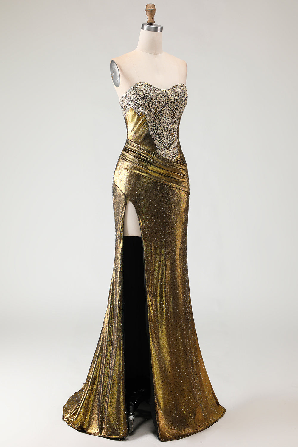 Metallic Bronze Mermaid Sweetheart Long Prom Dress with Slit
