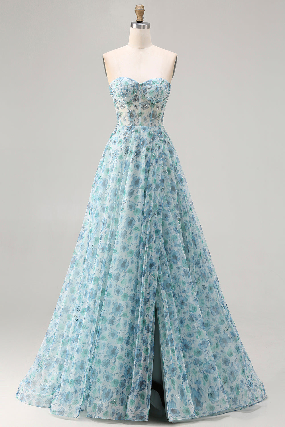 Sparkly Blue Floral Beaded Chiffon Corset Long Prom Dress with Slit