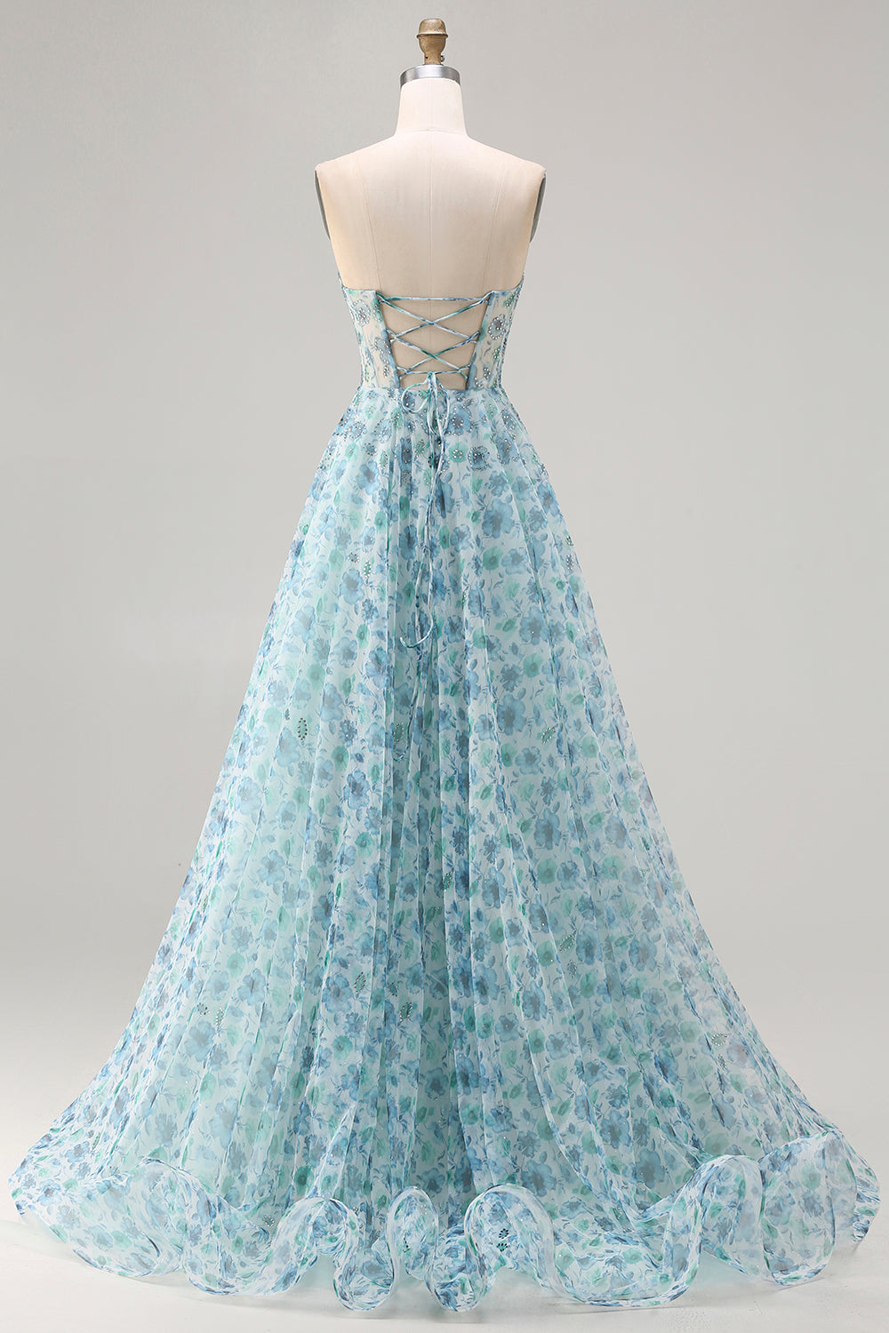 Sparkly Blue Floral Beaded Chiffon Corset Long Prom Dress with Slit