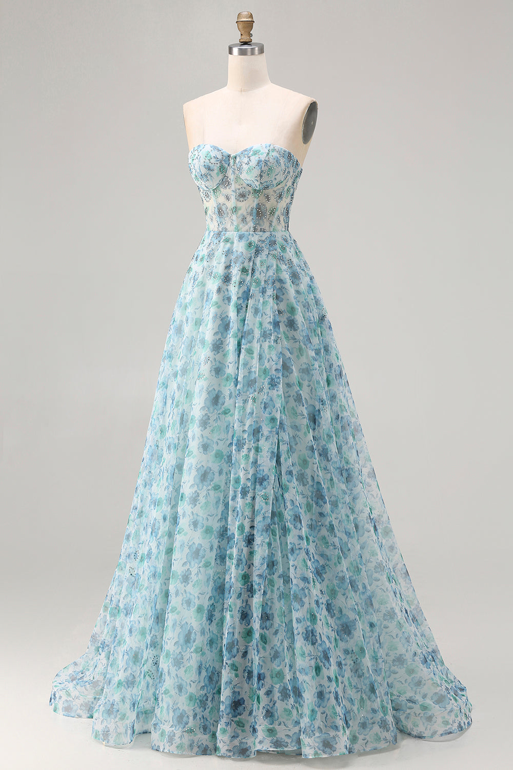 Sparkly Blue Floral Beaded Chiffon Corset Long Prom Dress with Slit