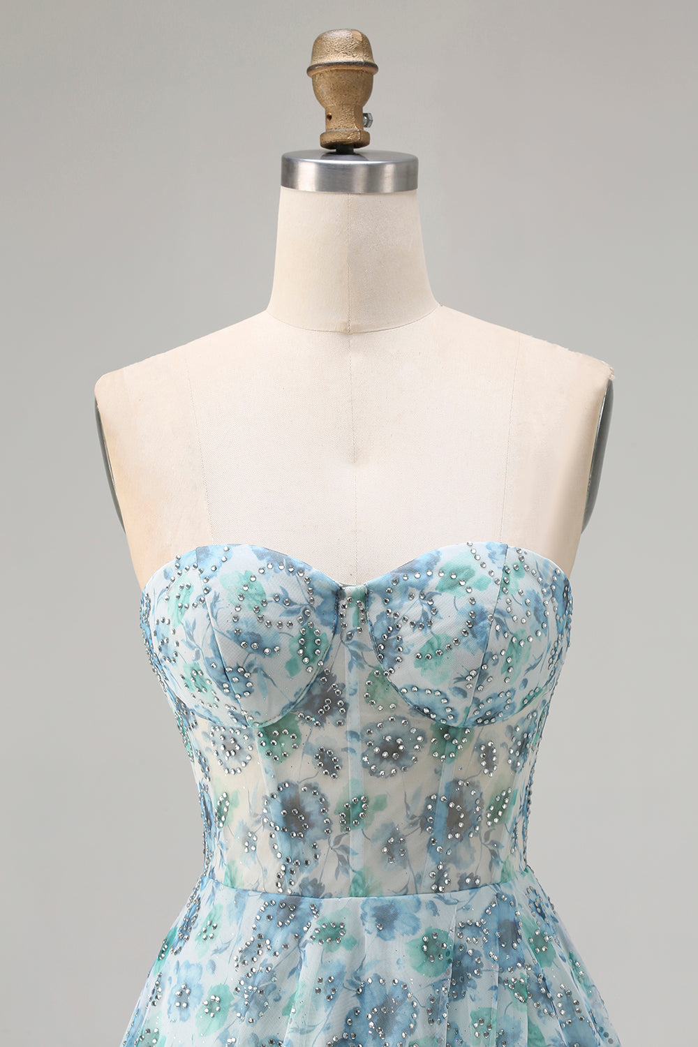 Sparkly Blue Floral Beaded Chiffon Corset Long Prom Dress with Slit