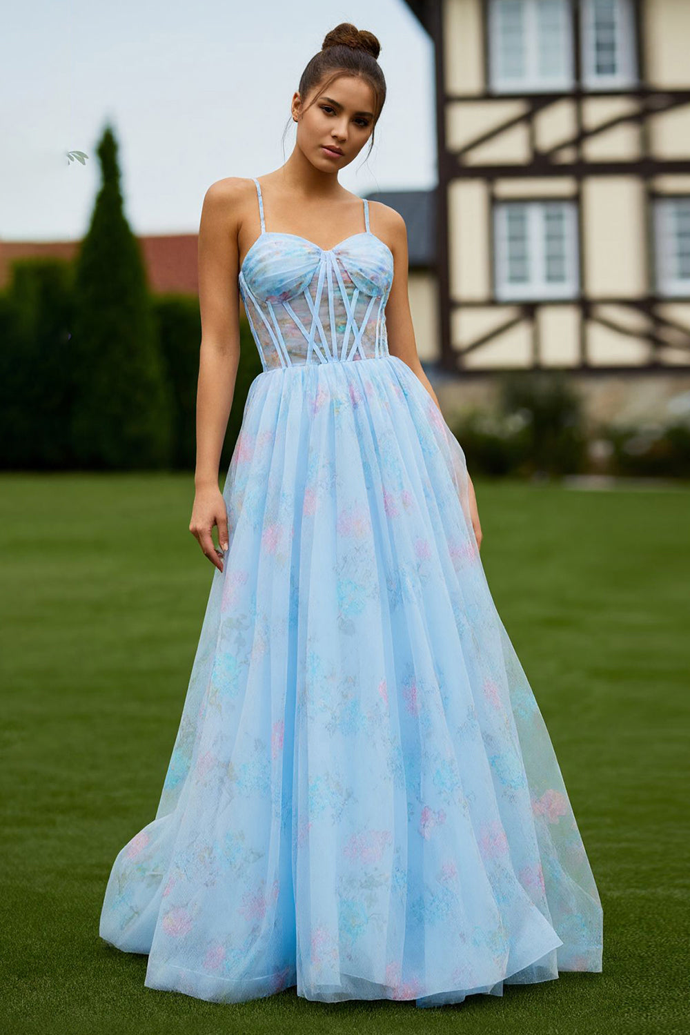 Blue Floral Spaghetti Straps A Line Long Corset Prom Dress with Slit