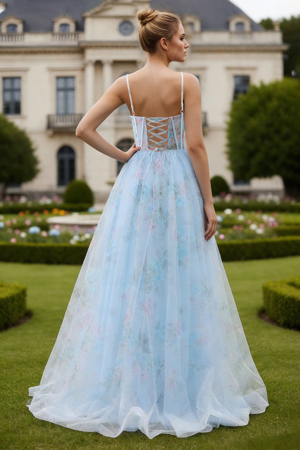 Blue Floral Spaghetti Straps A Line Long Corset Prom Dress with Slit