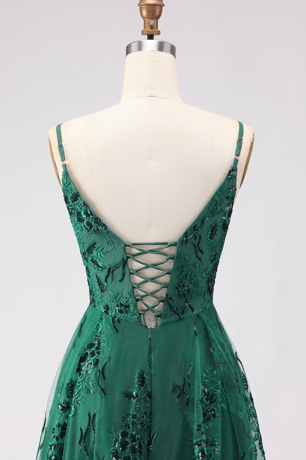 Sparkly Dark Green Lace A Line Long Floral Prom Dress with Slit