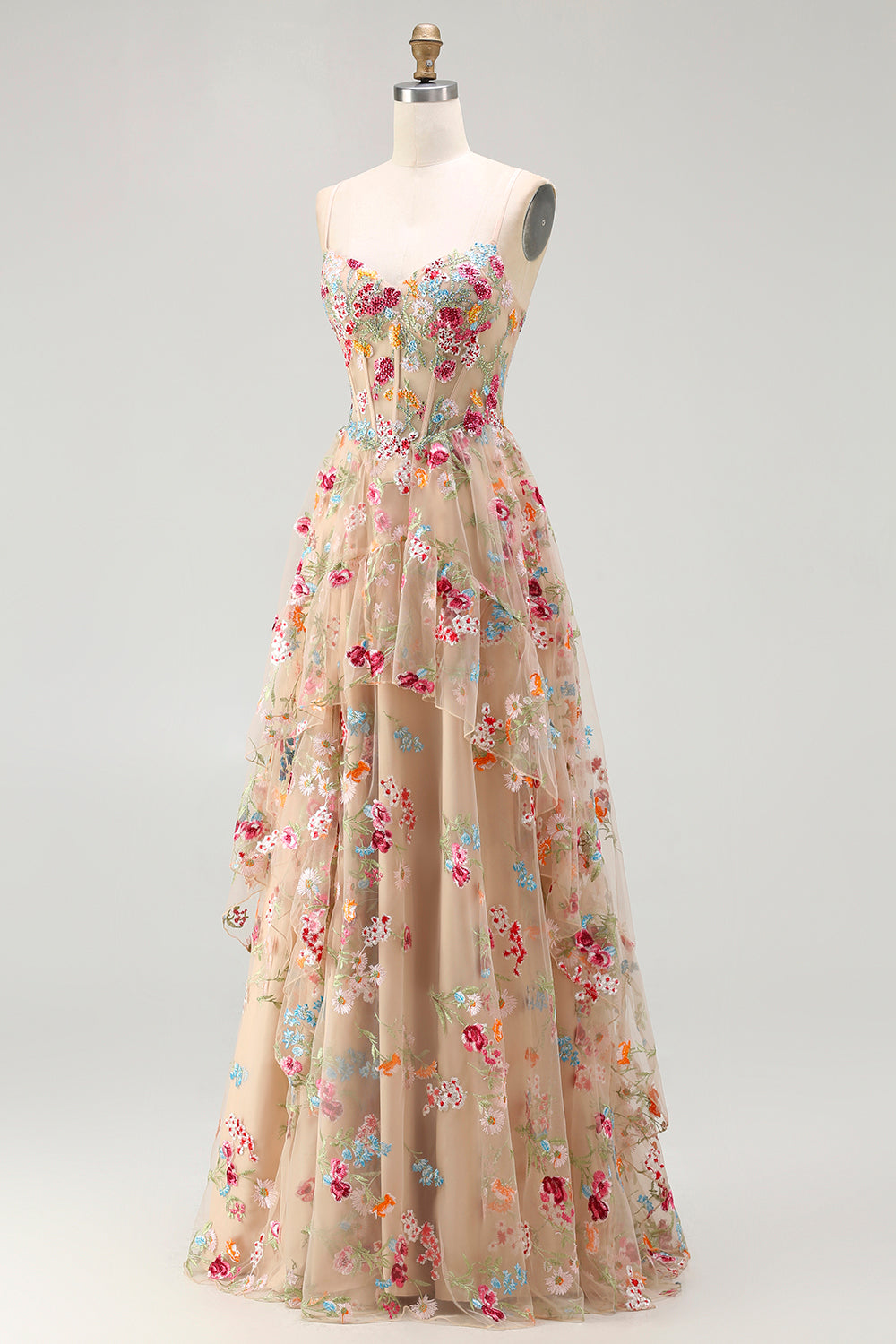 Sparkly Champagne Flowers A-Line Lace-Up Back Long Corset Prom Dress