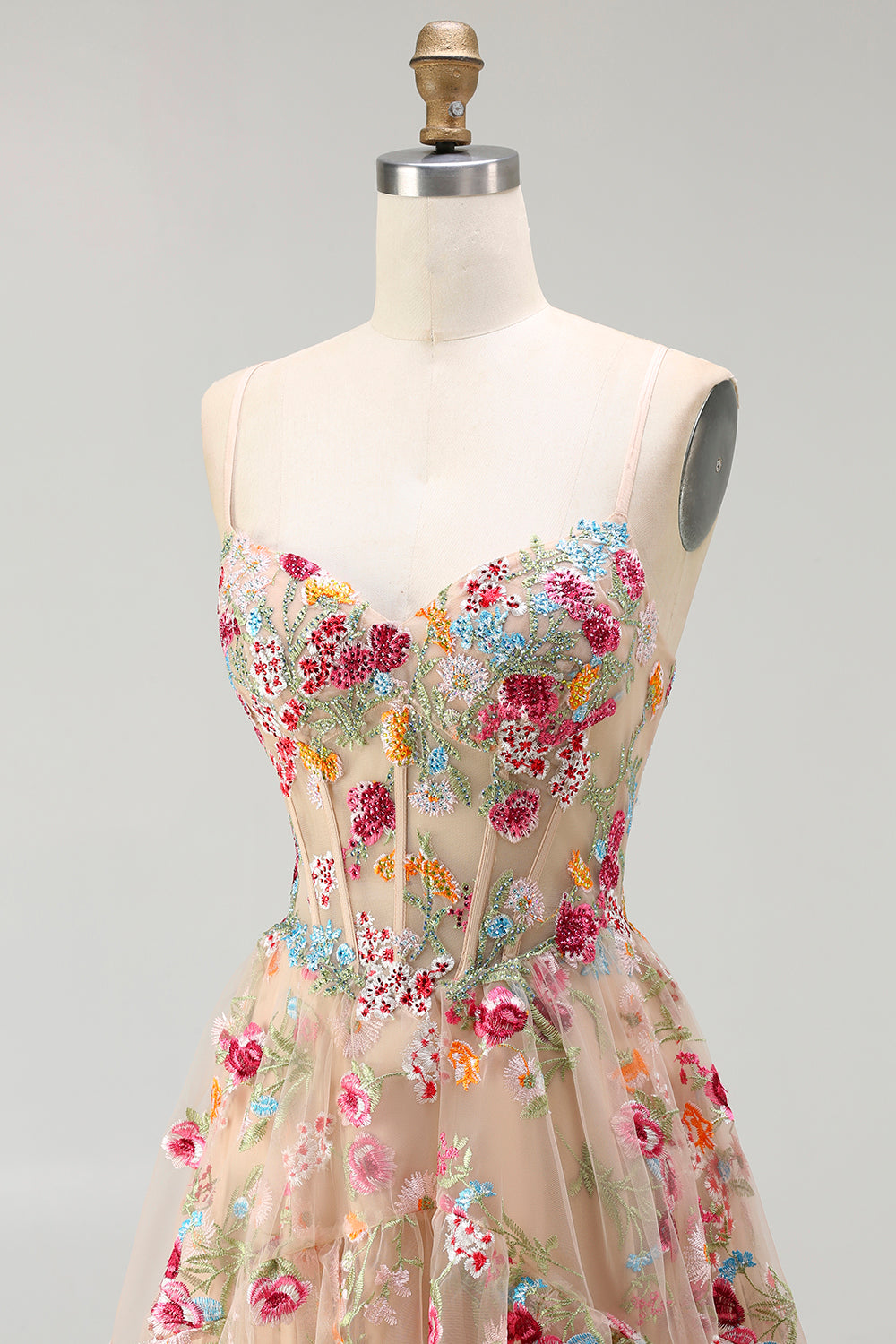 Sparkly Champagne Flowers A-Line Lace-Up Back Long Corset Prom Dress