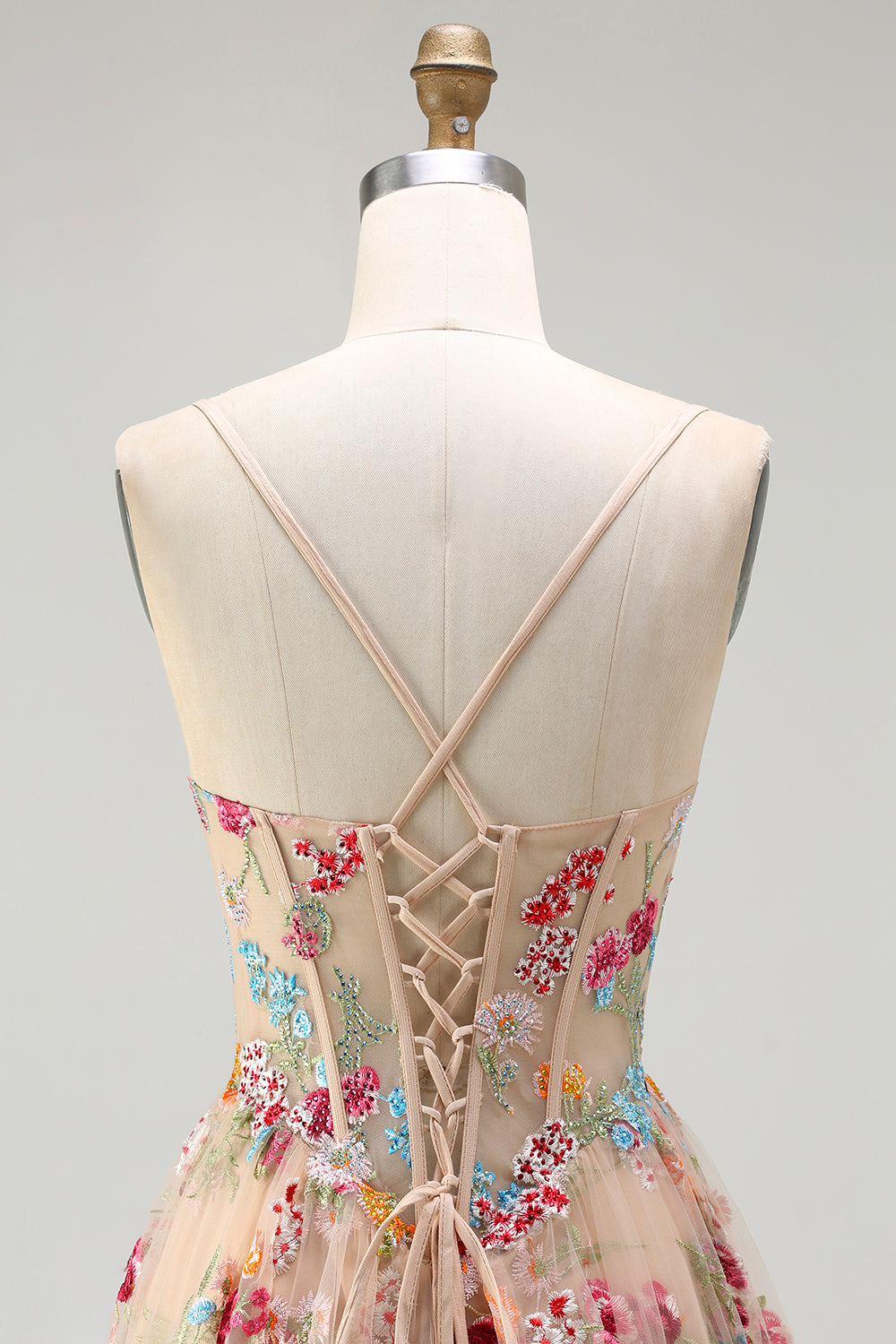 Sparkly Champagne Flowers A-Line Lace-Up Back Long Corset Prom Dress
