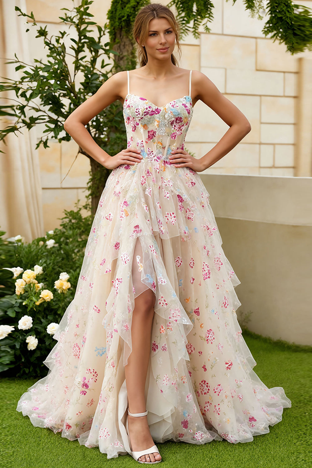 Ivory Floral A-Line Spaghetti Straps Corset Long Prom Dress with Slit