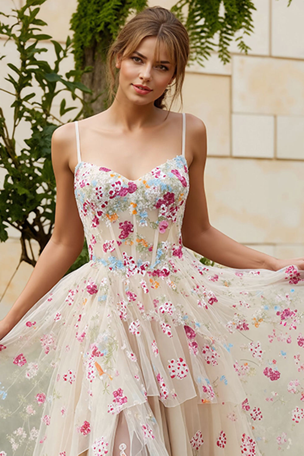 Ivory Floral A-Line Spaghetti Straps Corset Long Prom Dress with Slit