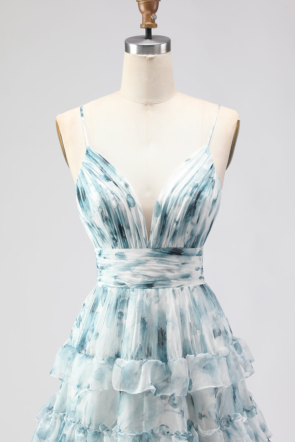 Blue Ball Gown Tiered Long Tulle Prom Dress with Slit