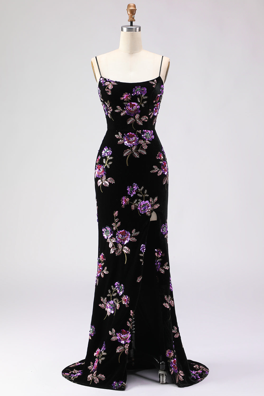 Floral Black Sheath Spaghetti Straps Long Sequins Prom Dress with Slit